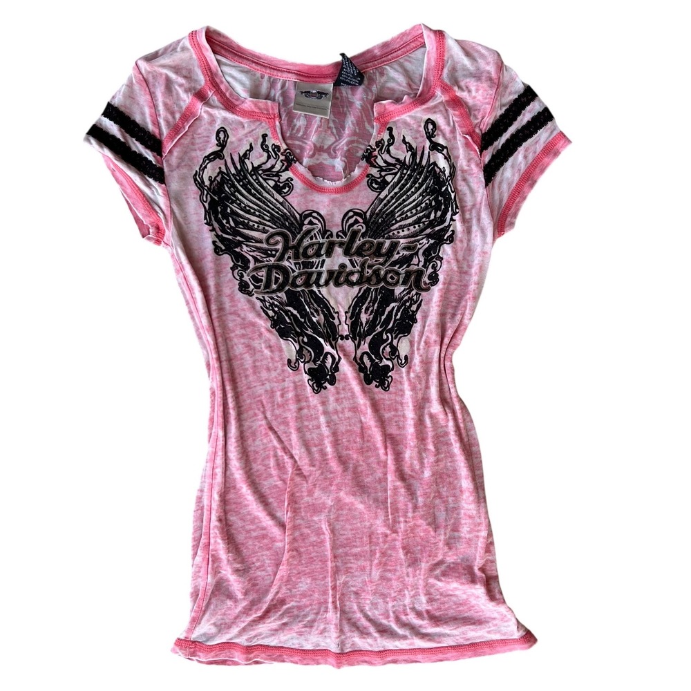 Harley Davidson Graphic‎ Tee Y2K Pink Burnout Top Motorcycle Black Stripes S
